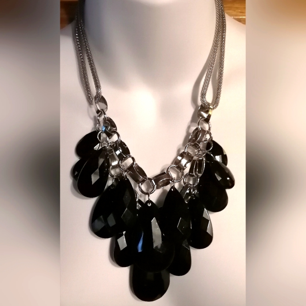 Elegant Black Acrylic Drop Silver Tone Statement Necklace